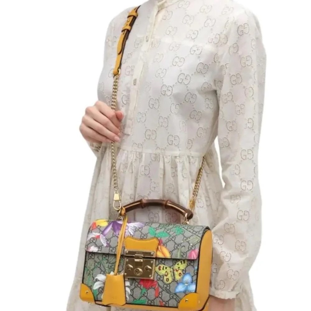 GUCCI GG SUPREME MONOGRAM FLORA BAMBOO PADLOCK BAG - Picture 12 of 13